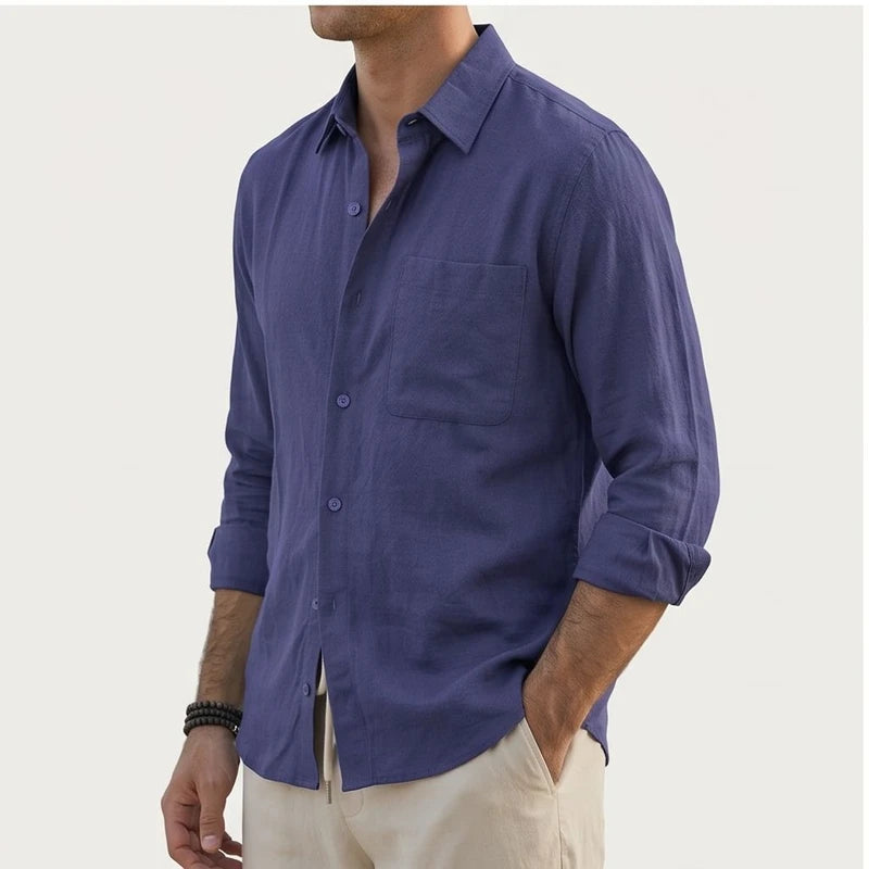 Model wearing Navy Aaron - Men’s Button-Up Casual Linen Shirt in studio - 3