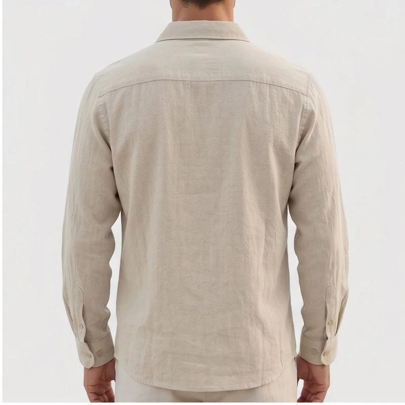 Model wearing Beige Aaron - Men’s Button-Up Casual Linen Shirt in studio - 2