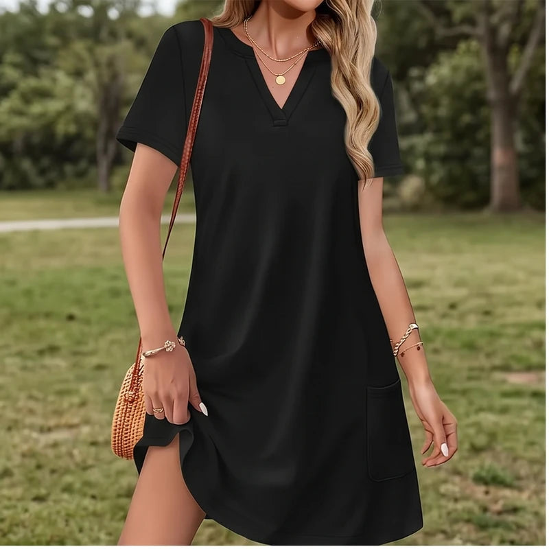 Model wearing A Women's Dress New Summer Casual V-Neck Wedding Loose Dress Short Sleeve Fashion Beach Vacation Wear dress outdoors