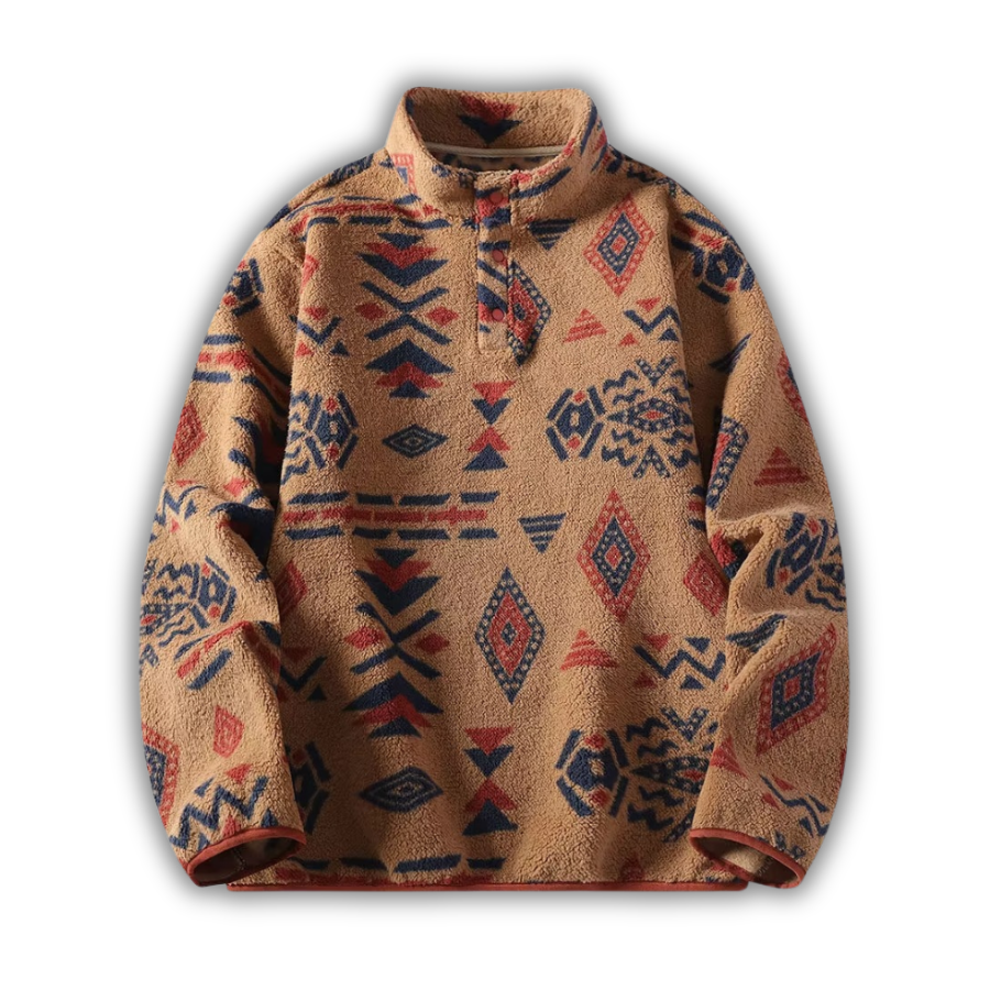 Brown fleece pullover with geometric pattern on a white background