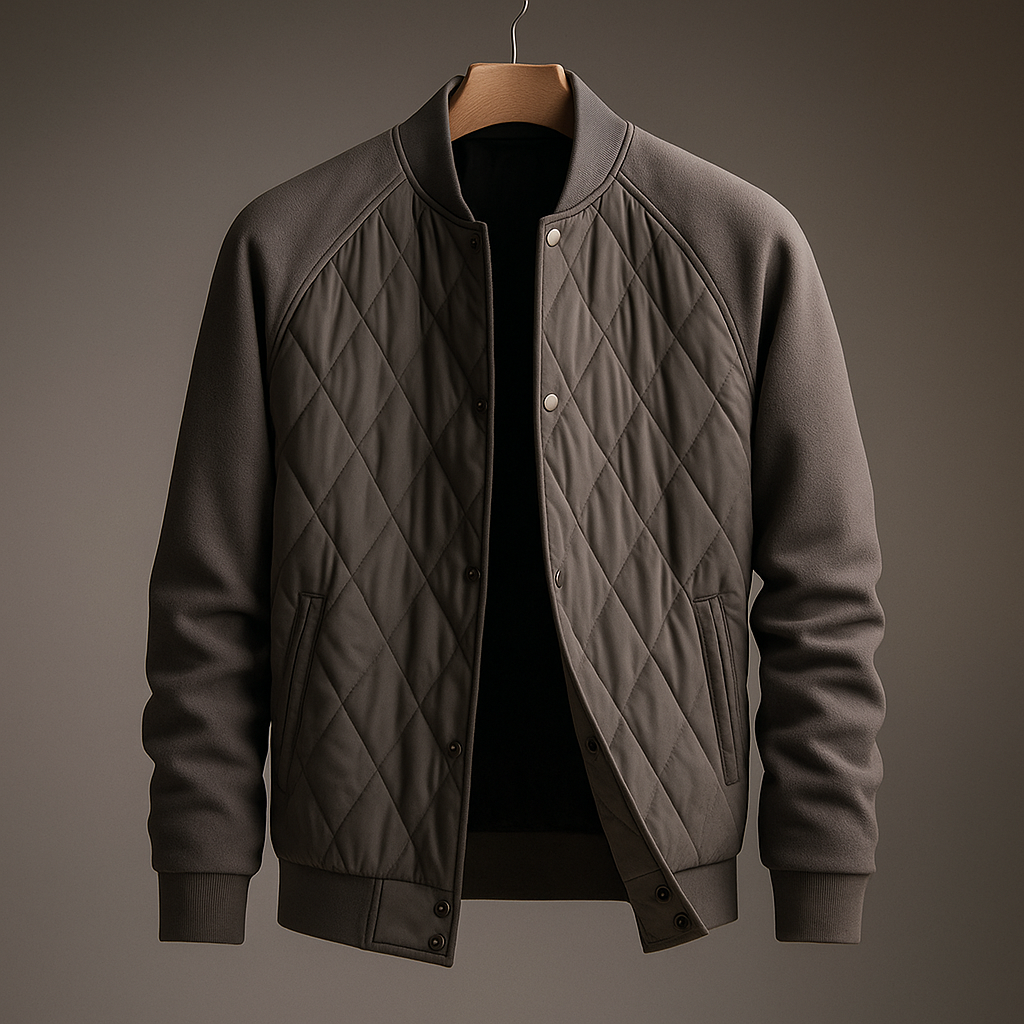 Quilted jacket on a hanger against a gray background