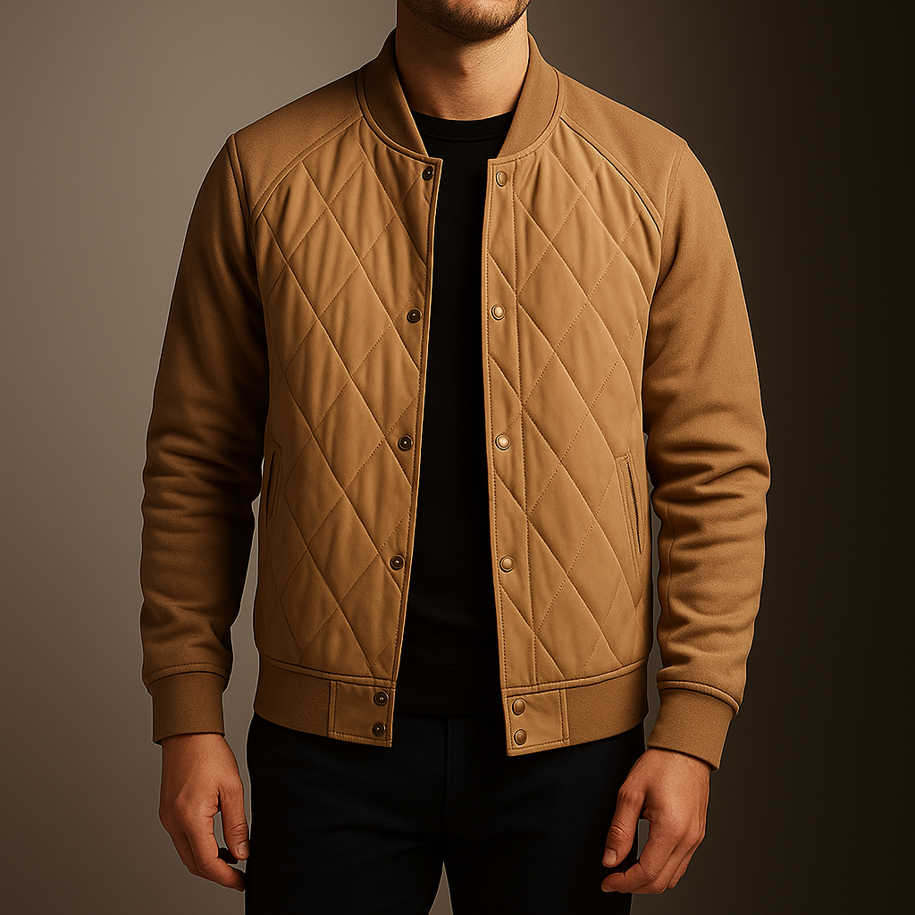 Brown quilted jacket worn by a person on a dark background