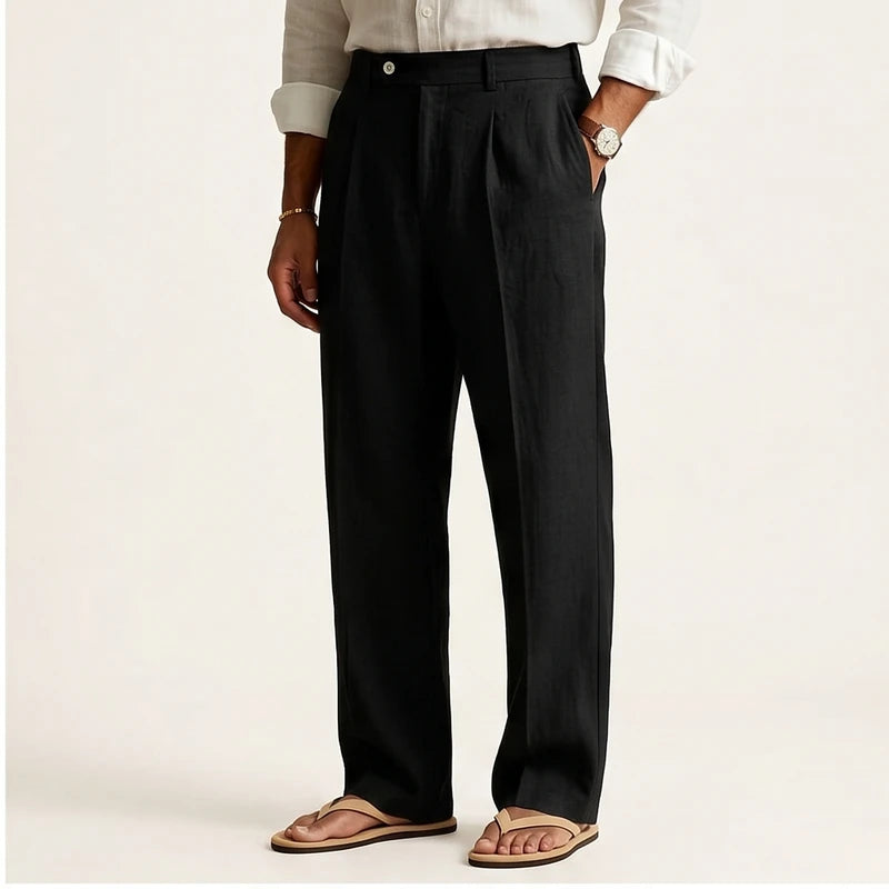 Model wearing Black Wyatt Straight Leg Linen Trousers in studio - 2