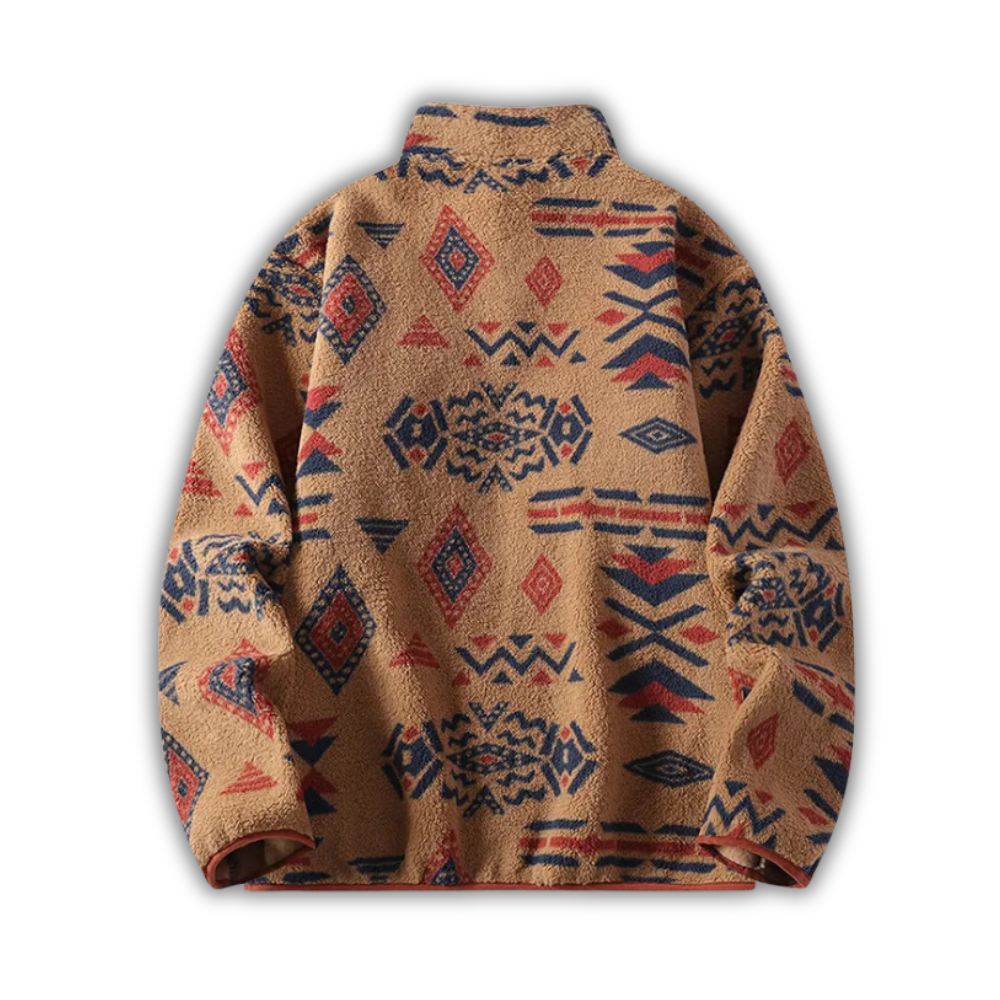 Brown fleece pullover with geometric pattern on a white background