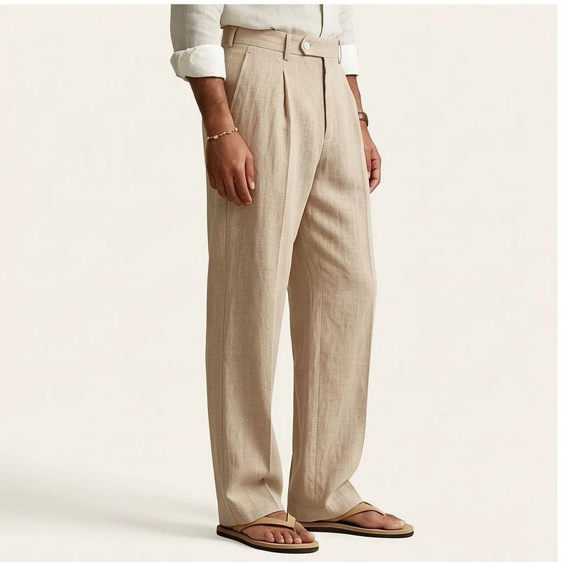 Model wearing Brown Wyatt Straight Leg Linen Trousers in studio - 2