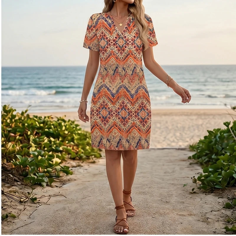 Model wearing B Women's Dress New Summer Casual V-Neck Wedding Loose Dress Short Sleeve Fashion Beach Vacation Wear dress outdoors - 2