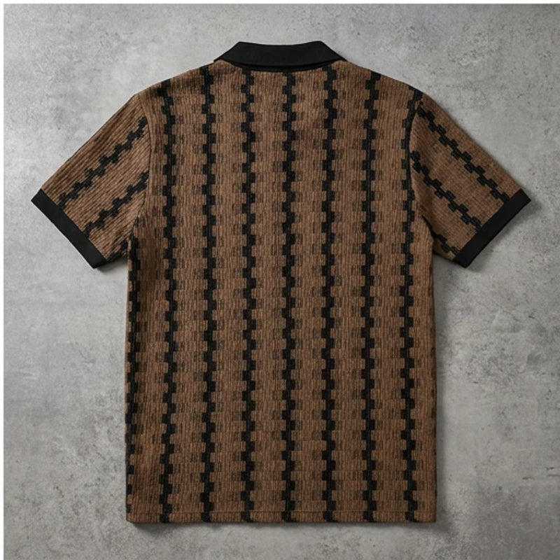 Camel 2026 New Men's Vintage Plaid Knitted Top, Lapel Contrast Color Patchwork Short Sleeve, Soft Spring Summer Casual Cardigan Shirt flat lay product photo - 3