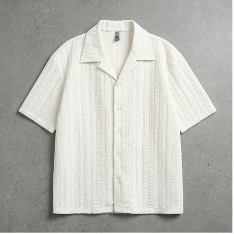 White Hawaii Beach Vacation Old-money Style Hollow-out Breathable Cuban Collar Short-sleeve Shirt Unisex Loose-fit Half-sleeve Shirt flat lay product photo