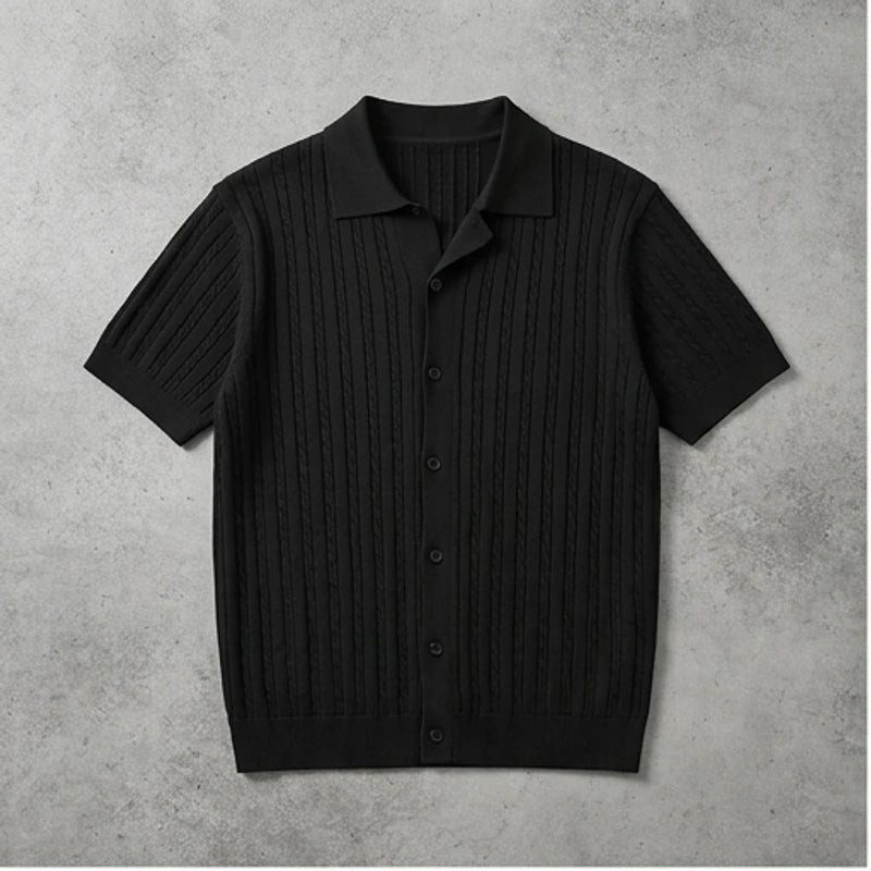 Black Ice Silk Polo Shirt Men's Short Sleeve Knitted Button up Collar Business Casual Summer Fashion Lightweight Breathable flat lay product photo