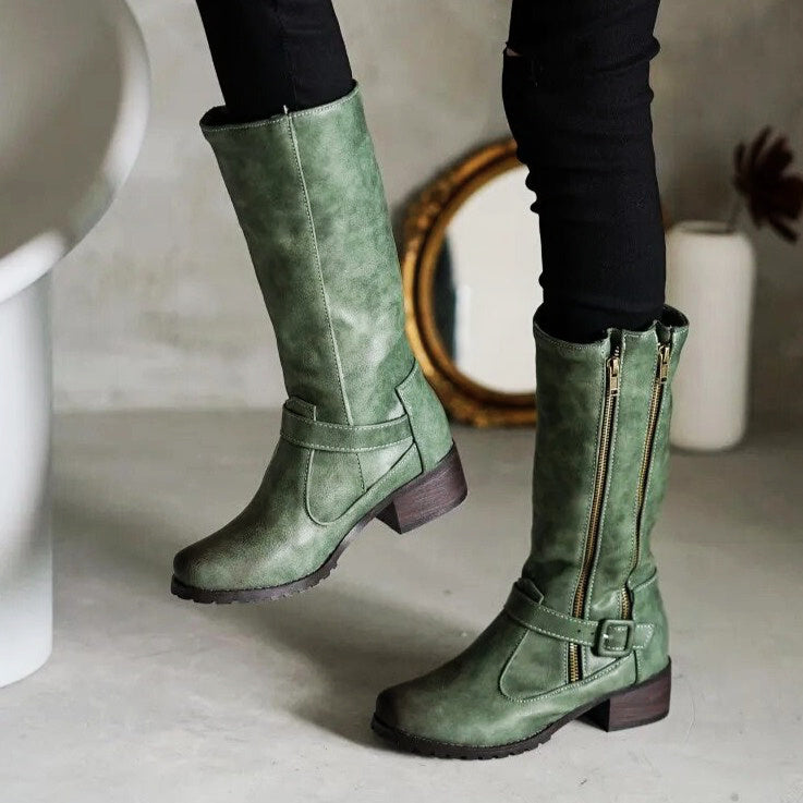 DOUBLE ZIPPER MID-CALF BOOTS