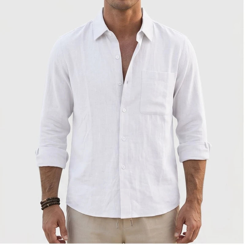 Model wearing White Aaron - Men’s Button-Up Casual Linen Shirt in studio