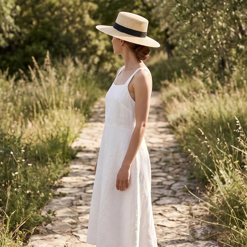 Natural straw Cosette boater hat with black ribbon detail.