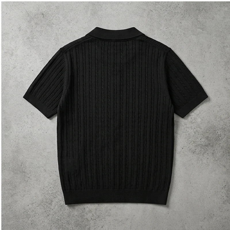 Black Ice Silk Polo Shirt Men's Short Sleeve Knitted Button up Collar Business Casual Summer Fashion Lightweight Breathable flat lay product photo - 2