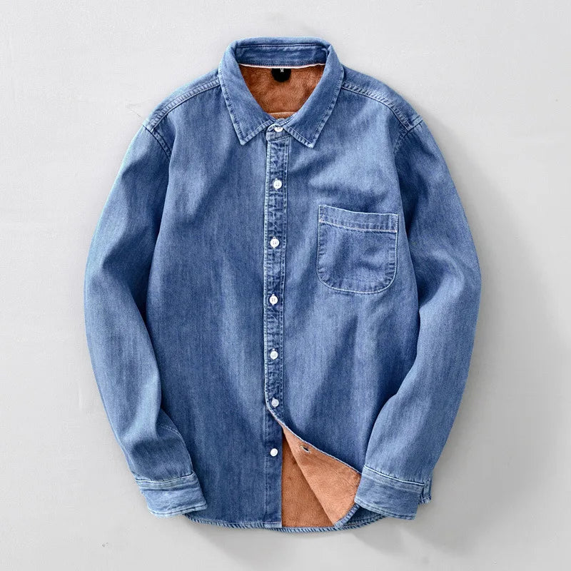 Men's Winter Fleece Denim Shirts Black Blue Casual Cotton Thermal Warm Slim fit Shirts for Male