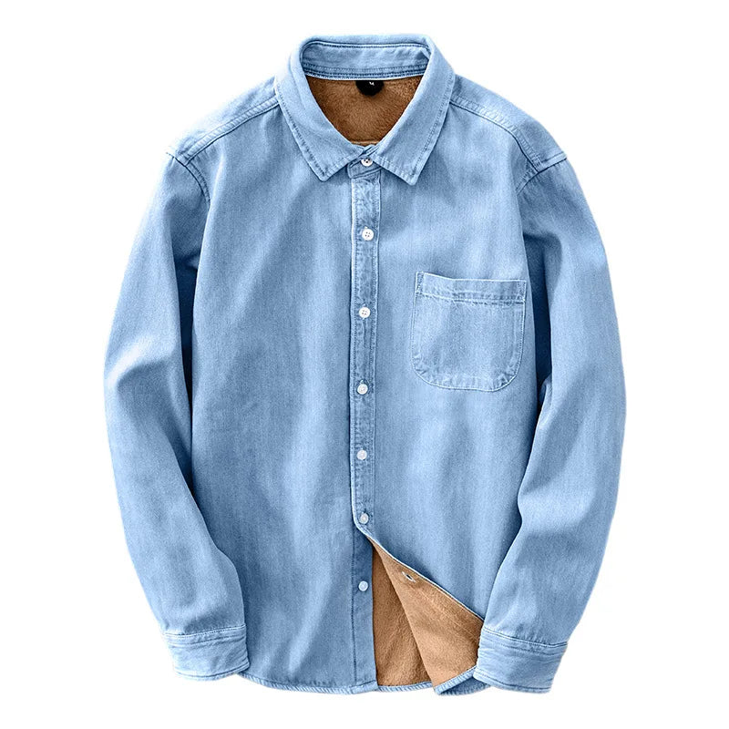 Men's Winter Fleece Denim Shirts Black Blue Casual Cotton Thermal Warm Slim fit Shirts for Male