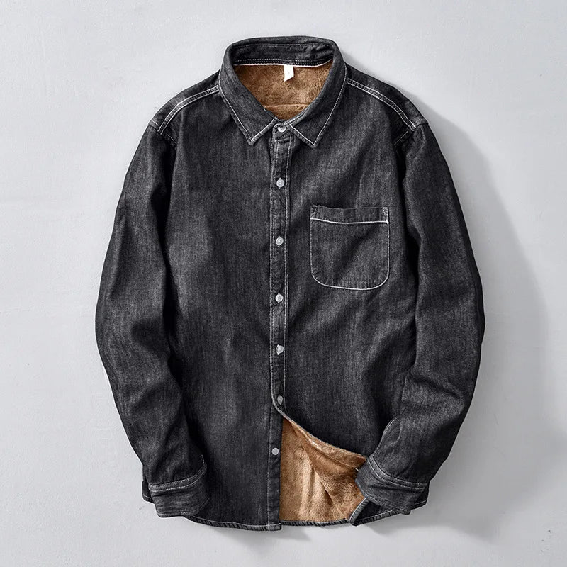 Men's Winter Fleece Denim Shirts Black Blue Casual Cotton Thermal Warm Slim fit Shirts for Male