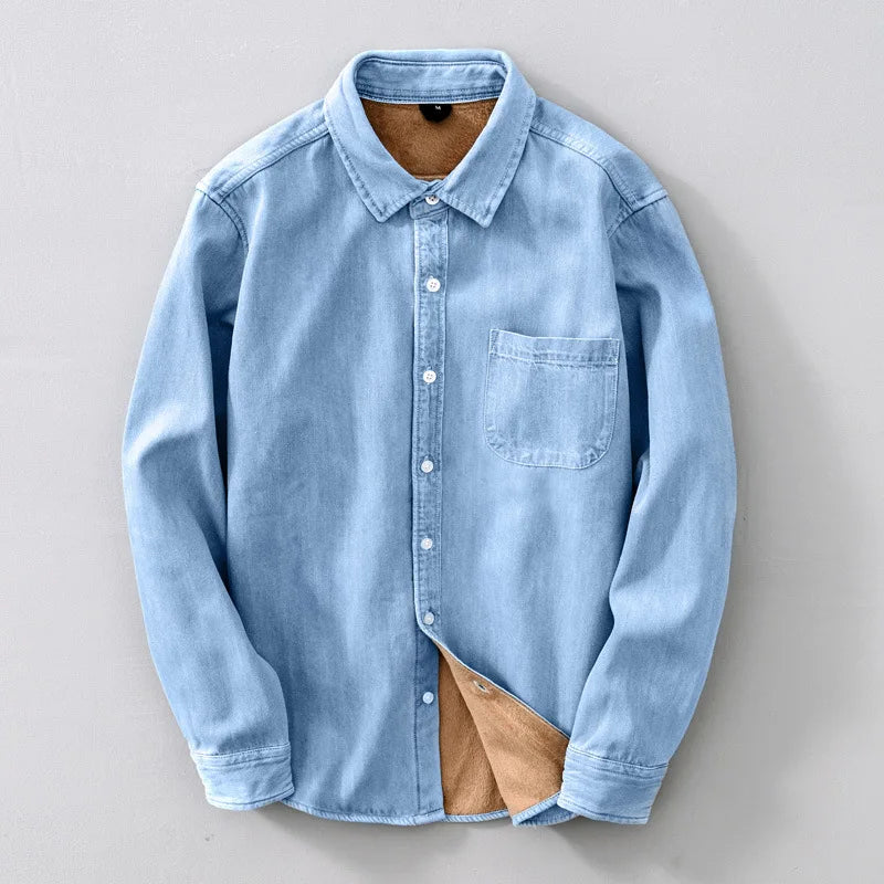 Men's Winter Fleece Denim Shirts Black Blue Casual Cotton Thermal Warm Slim fit Shirts for Male