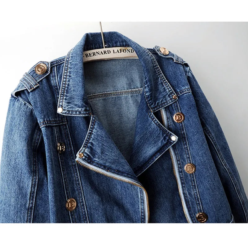 2024 Spring Autumn New High Waist Zipper Long Sleeve Denim Coat Women's Casual Short Loose Jean Top Motorcycle Jackets Female