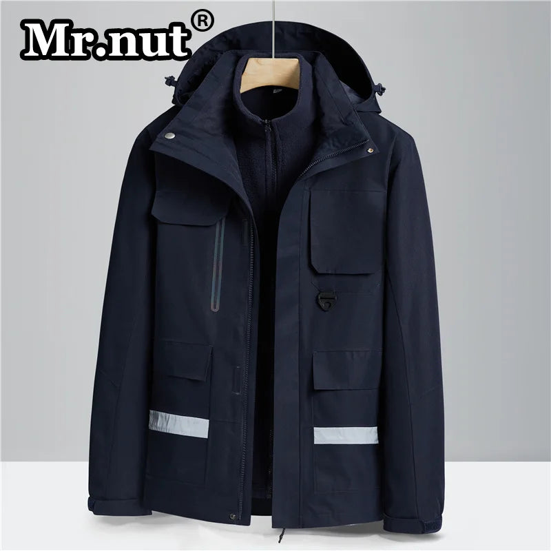 Mr.nut Men Hooded Outdoor Jackets Waterproof Windbreak Autumn Winter Jackets 3-in-1 Removable 2-piece Set Thickening Unisex Tops