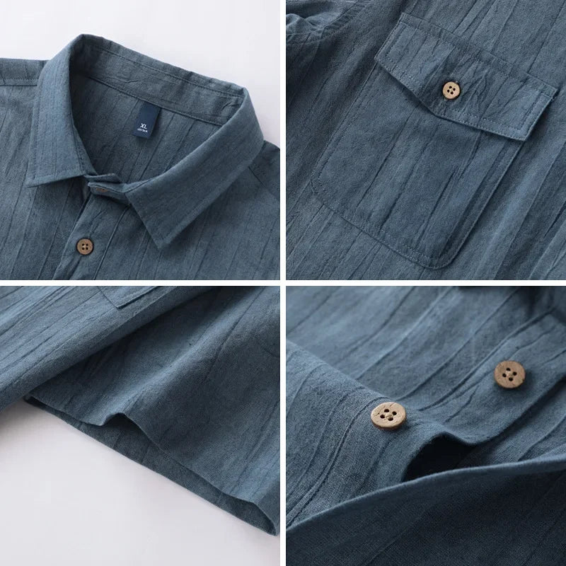 Collage of a blue shirt with close-up details on a white background