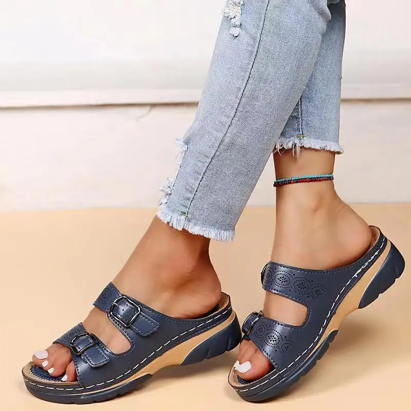 Malia Leather Wedge Slide Sandals