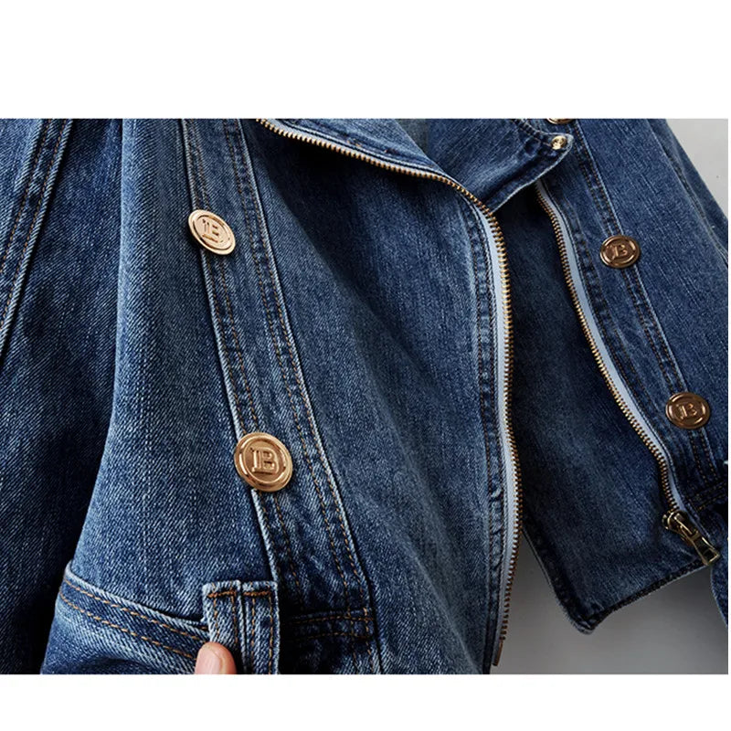 2024 Spring Autumn New High Waist Zipper Long Sleeve Denim Coat Women's Casual Short Loose Jean Top Motorcycle Jackets Female