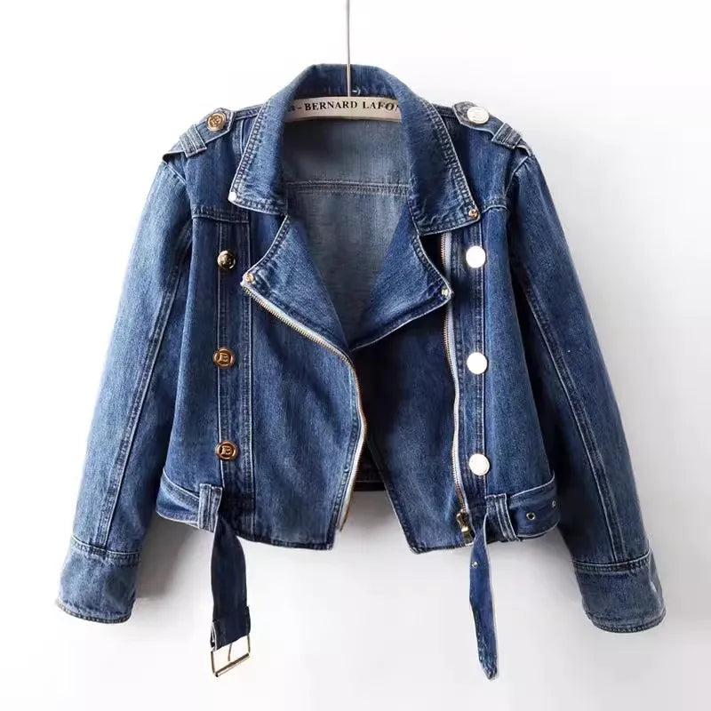 2024 Spring Autumn New High Waist Zipper Long Sleeve Denim Coat Women's Casual Short Loose Jean Top Motorcycle Jackets Female