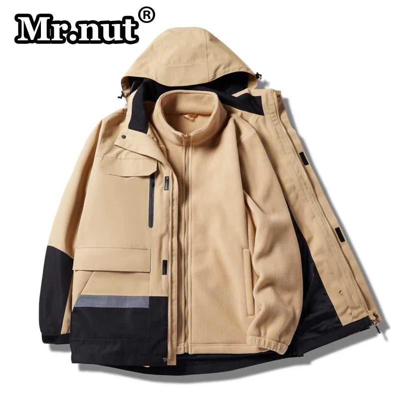 Mr.nut Men Hooded Outdoor Jackets Waterproof Windbreak Autumn Winter Jackets 3-in-1 Removable 2-piece Set Thickening Unisex Tops