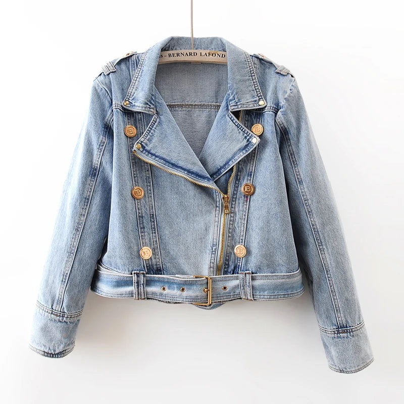 2024 Spring Autumn New High Waist Zipper Long Sleeve Denim Coat Women's Casual Short Loose Jean Top Motorcycle Jackets Female