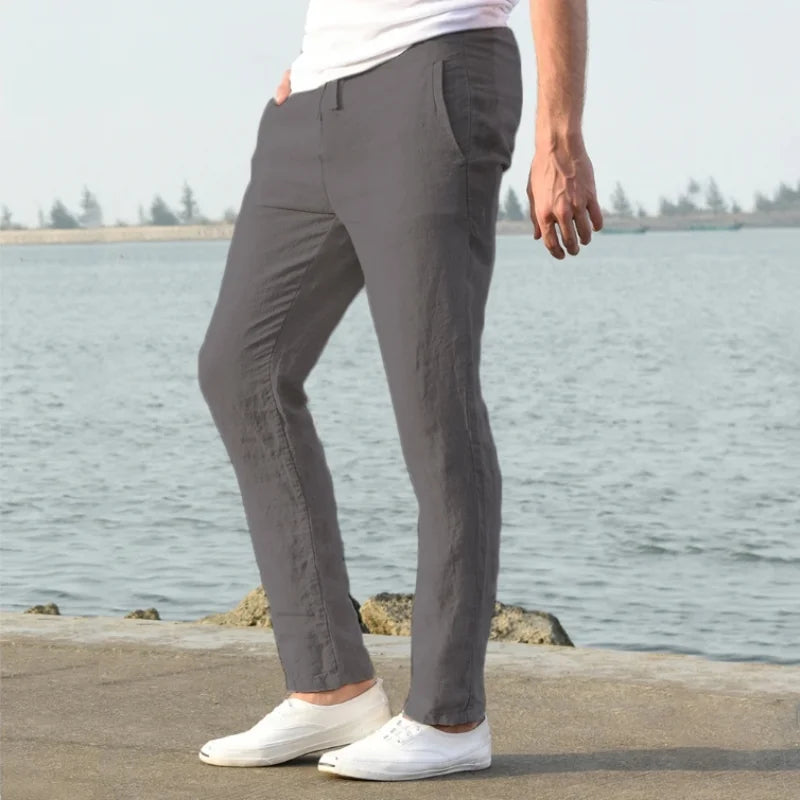 Grey linen trousers for men, slim fit.