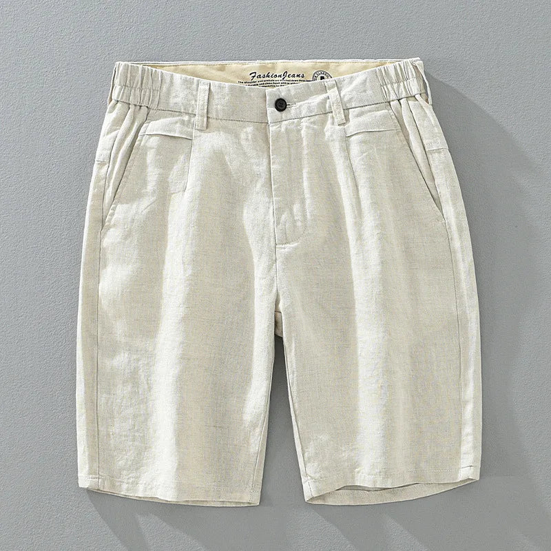 Light tan linen casual shorts with an elastic waistband.