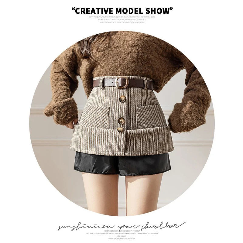 MOUKYUN Striped Autumn Winter Skirts Womens Mini Slim Belt A-line Skirts Chic Korean Fashion Button Pocket Women Skirt