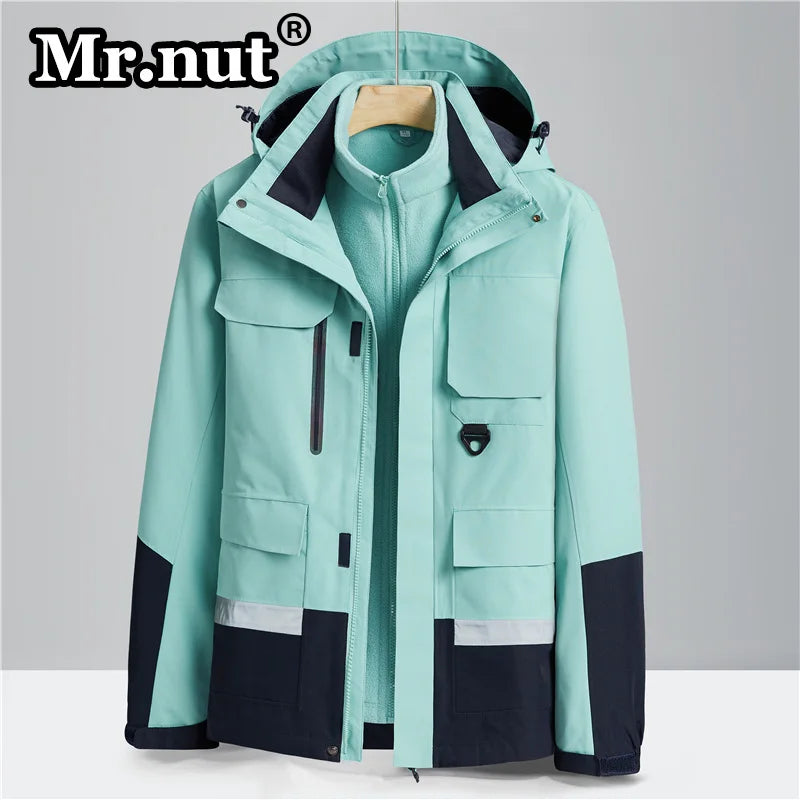 Mr.nut Men Hooded Outdoor Jackets Waterproof Windbreak Autumn Winter Jackets 3-in-1 Removable 2-piece Set Thickening Unisex Tops