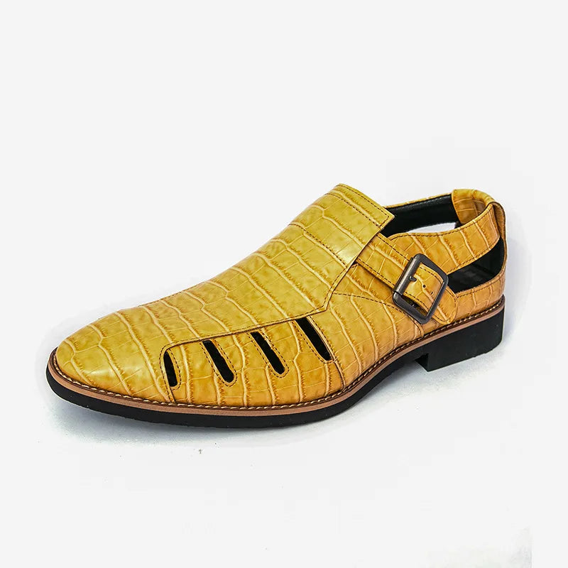 Yellow sandal with a buckle on a white background