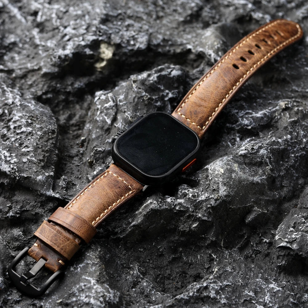 Handmade Head Layer Cowhide Strap for iWatch 49MM 45MM 44mm Apple Watch Brown 49MM Vintage High Grade Bracelet, Italian Leather