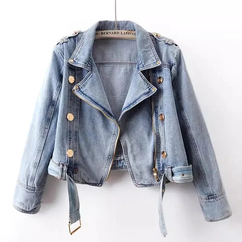 2024 Spring Autumn New High Waist Zipper Long Sleeve Denim Coat Women's Casual Short Loose Jean Top Motorcycle Jackets Female