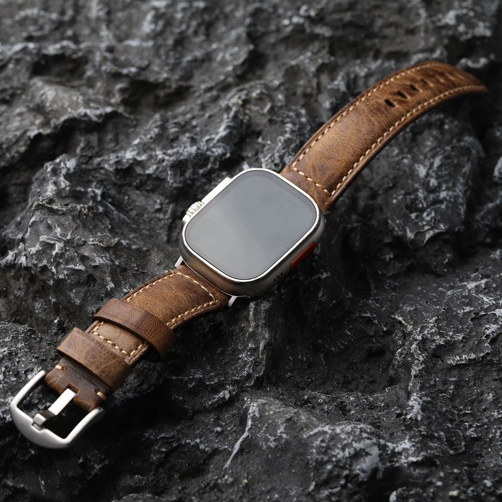 Handmade Head Layer Cowhide Strap for iWatch 49MM 45MM 44mm Apple Watch Brown 49MM Vintage High Grade Bracelet, Italian Leather