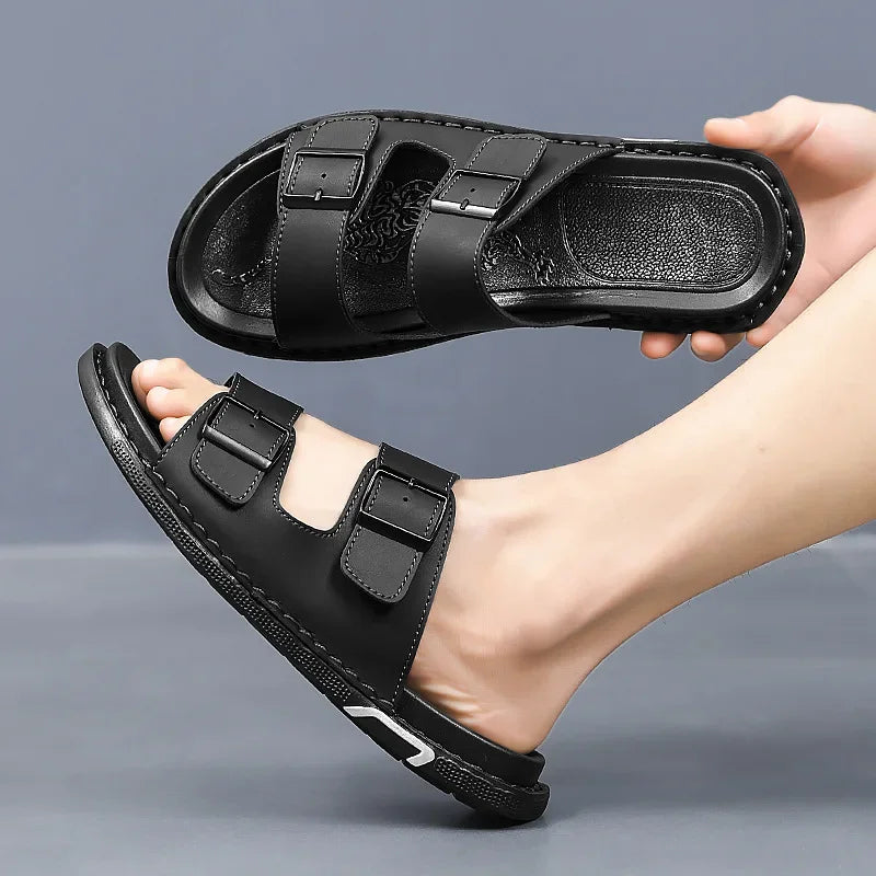 Ashford Black Dual Buckle Slide Sandals