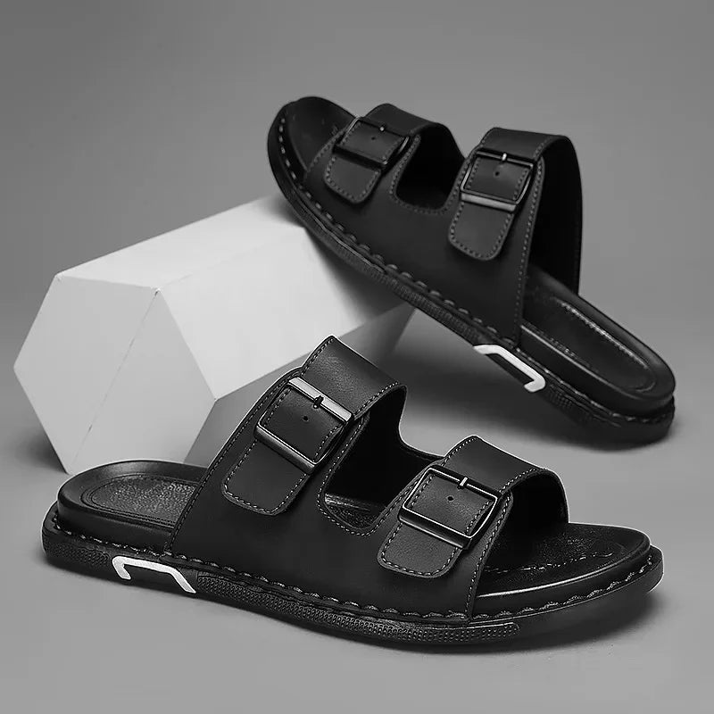 Ashford Black Dual Buckle Slide Sandals