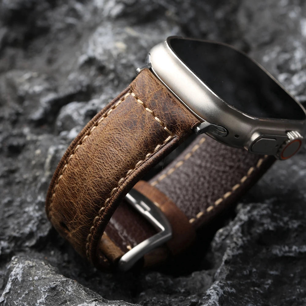 Handmade Head Layer Cowhide Strap for iWatch 49MM 45MM 44mm Apple Watch Brown 49MM Vintage High Grade Bracelet, Italian Leather