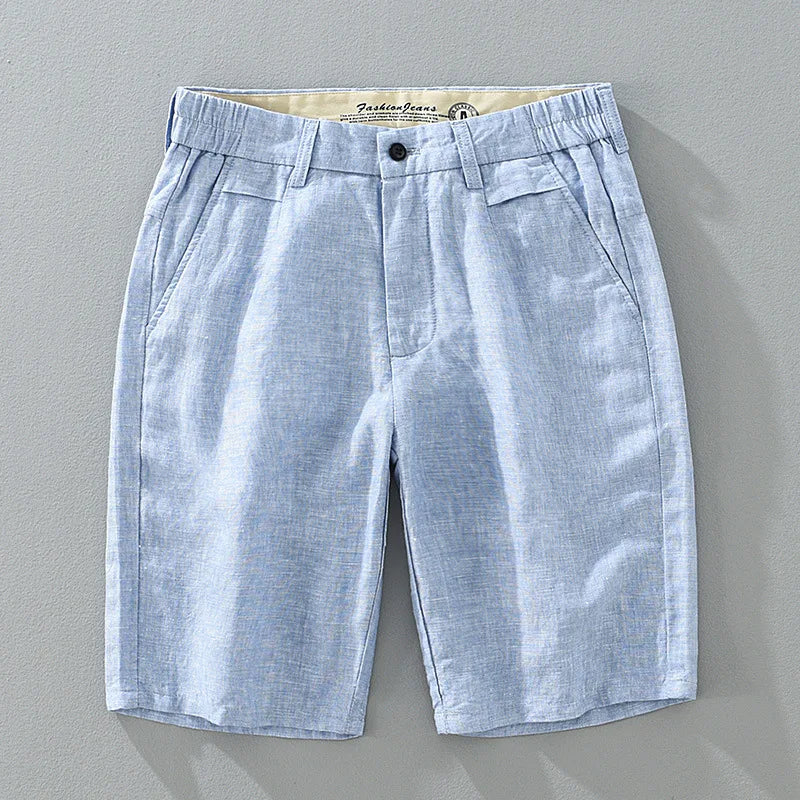 Light blue linen casual shorts with an elastic waistband.