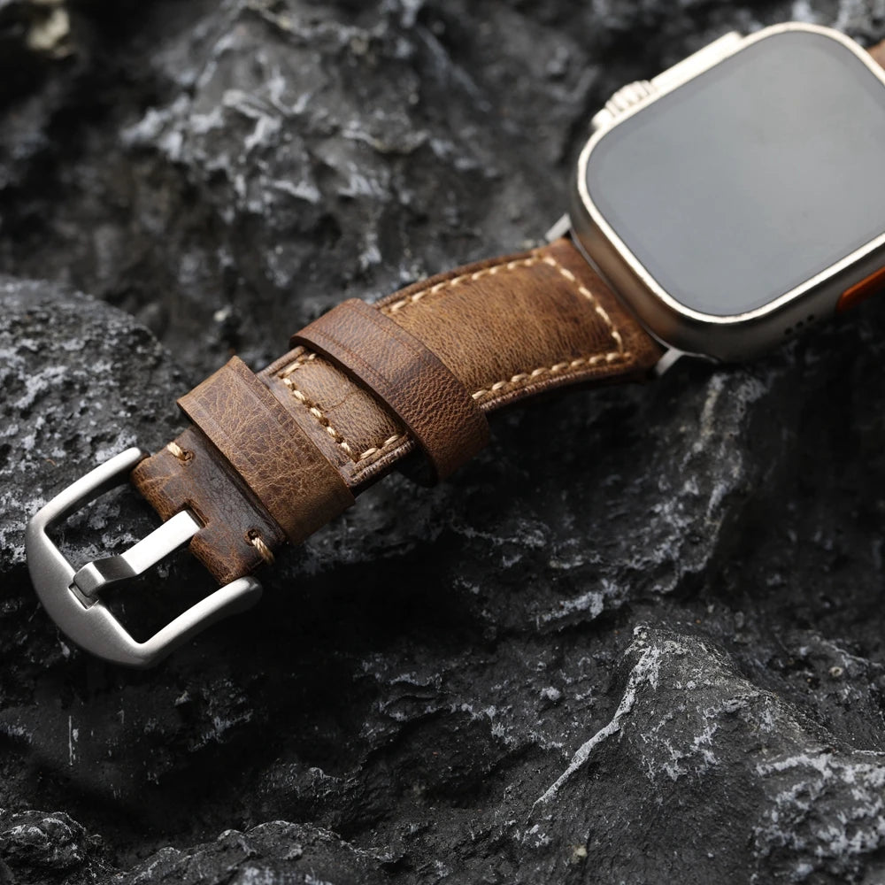 Handmade Head Layer Cowhide Strap for iWatch 49MM 45MM 44mm Apple Watch Brown 49MM Vintage High Grade Bracelet, Italian Leather