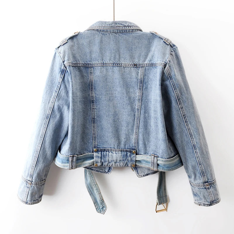 2024 Spring Autumn New High Waist Zipper Long Sleeve Denim Coat Women's Casual Short Loose Jean Top Motorcycle Jackets Female