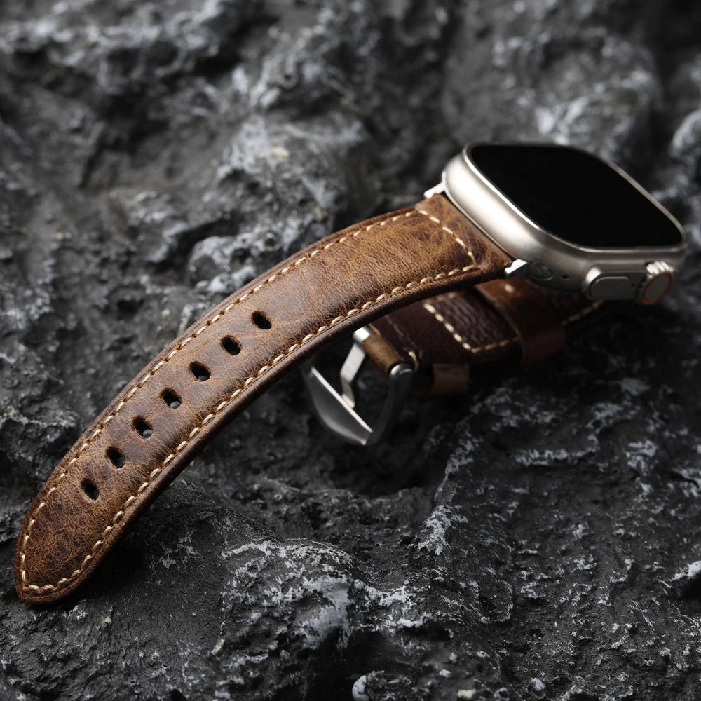 Handmade Head Layer Cowhide Strap for iWatch 49MM 45MM 44mm Apple Watch Brown 49MM Vintage High Grade Bracelet, Italian Leather