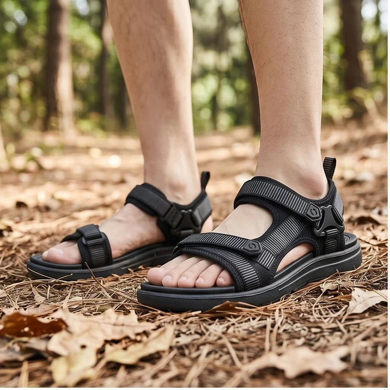 Model wearing Black Ashford Sport Sandals outdoors