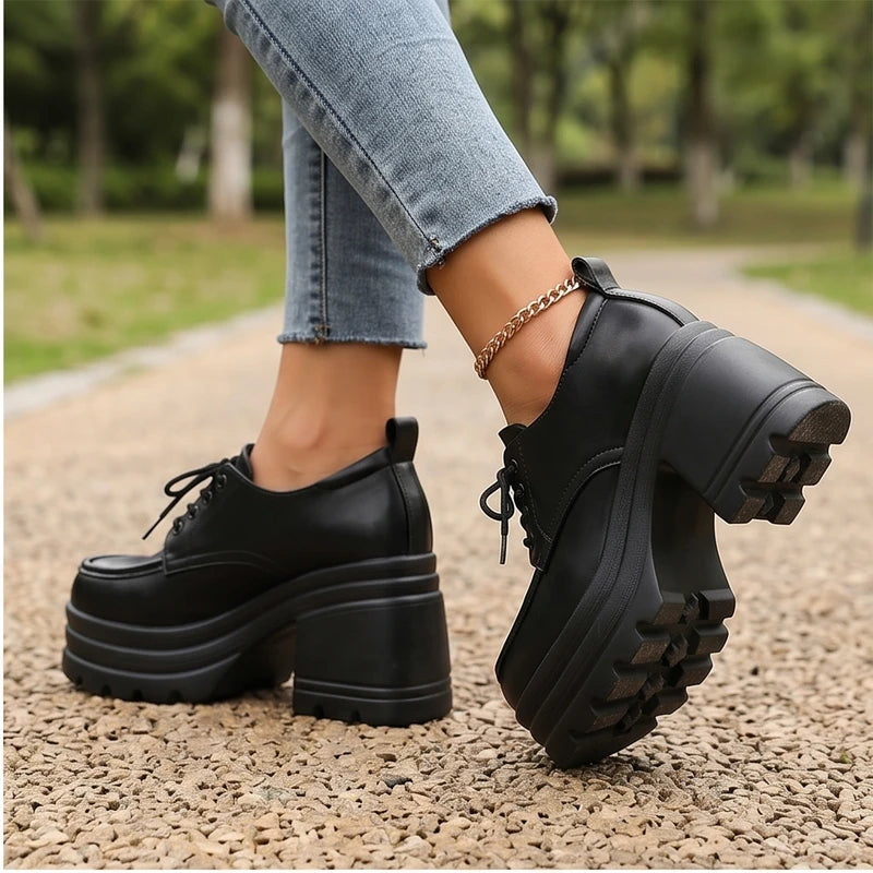 Model wearing Black Veya Chunky Platform Leather Boots outdoors - 2
