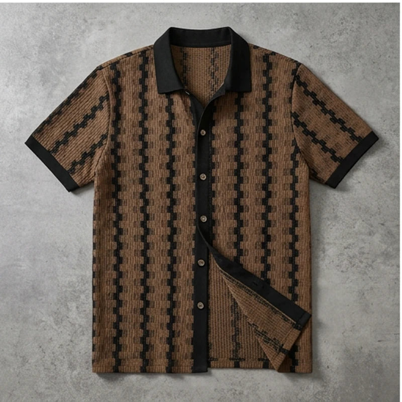 Camel 2026 New Men's Vintage Plaid Knitted Top, Lapel Contrast Color Patchwork Short Sleeve, Soft Spring Summer Casual Cardigan Shirt flat lay product photo - 2