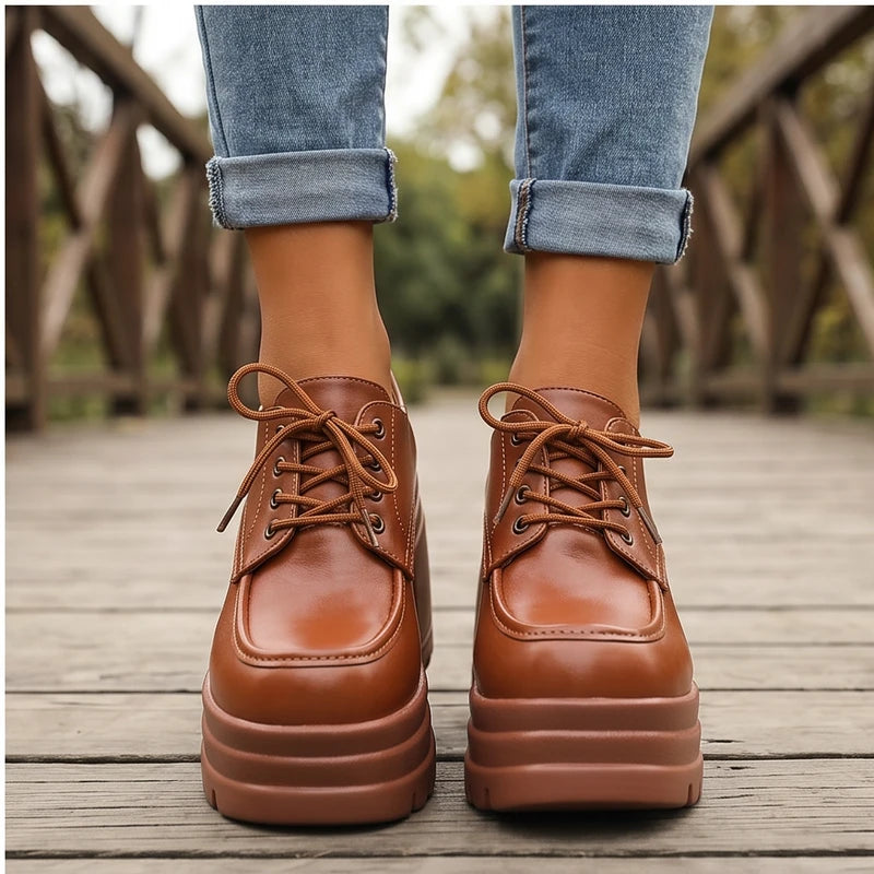 Model wearing Brown Veya Chunky Platform Leather Boots outdoors - 3