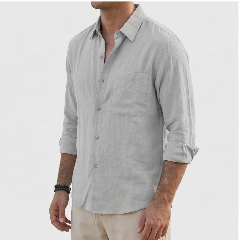 Model wearing Gray Aaron - Men’s Button-Up Casual Linen Shirt in studio - 2