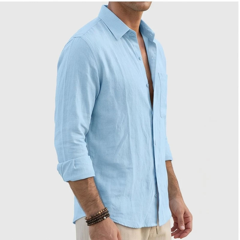 Model wearing Blue Aaron - Men’s Button-Up Casual Linen Shirt in studio